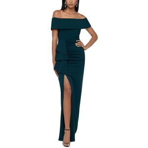 Xscape Womens Green Off-The-Shoulder Formal Evening Dress Gown NWOT